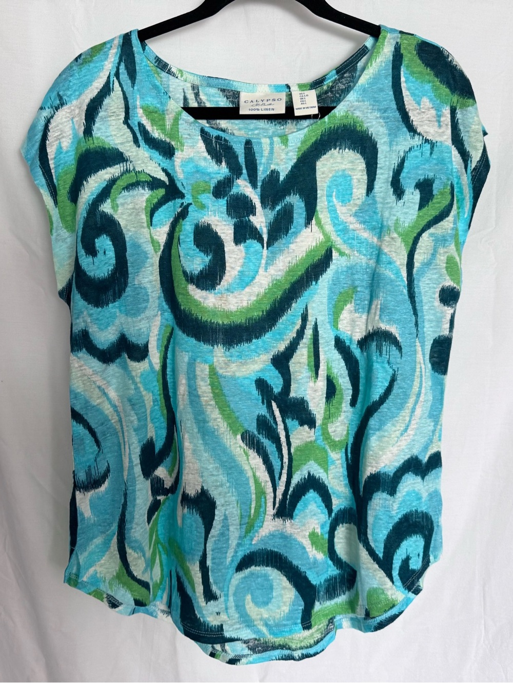 Calypso St Barth 100% Linen Abstract Ikat Printed Top Turquoise Green Womens L